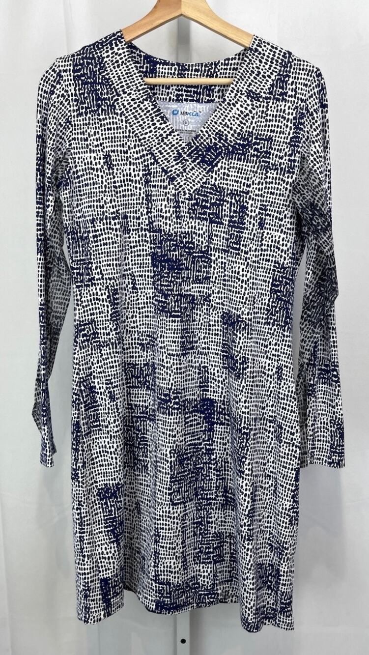 IBKUL Printed Long Sleeve Shift Dress V Neck Stretch Mesh Trim Blue White Size S